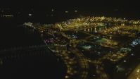 4K stock footage aerial video fly over the Port of Long Beach, approaching RMS Queen Mary, Long Beach, California, night Aerial Stock Footage | DCA07_124
