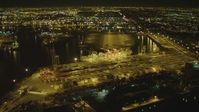 4K stock footage aerial video of cargo containers, cranes, Port of Long Beach, California, night Aerial Stock Footage | DCA07_131