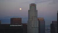 5K stock footage aerial video of full moon and US Bank Tower in Downtown Los Angeles at twilight, California Aerial Stock Footage | DCLA_072