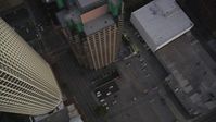 5K stock footage aerial video of a bird's eye of city streets and parking lot at twilight in Downtown Los Angeles, California Aerial Stock Footage | DCLA_262