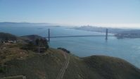 5K stock footage aerial video The Golden Gate Bridge, San Francisco Bay, and San Francisco skyline, seen from Marin Headlands, California Aerial Stock Footage | DCSF05_049