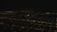 5K stock footage aerial video approach St. Ignatius Church, Inner Richmond District, San Francisco, California, night Aerial Stock Footage | DFKSF07_043