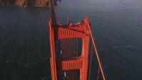 5K stock footage aerial video approach tower on the Golden Gate Bridge and tilt to bird's eye of traffic in San Francisco, California, sunset Aerial Stock Footage | DFKSF10_029