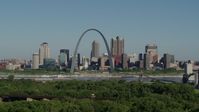 5.7K stock footage aerial video of Arch and museum among skyline, Downtown St. Louis, Missouri Aerial Stock Footage | DX0001_000573