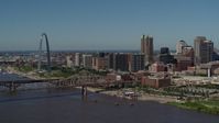 5.7K stock footage aerial video approach the Gateway Arch and bridge in Downtown St. Louis, Missouri Aerial Stock Footage | DX0001_000606