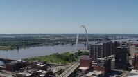 5.7K stock footage aerial video of the Gateway Arch and the Mississippi River in Downtown St. Louis, Missouri Aerial Stock Footage | DX0001_000638