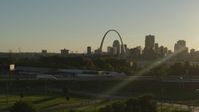 5.7K stock footage aerial video of the Gateway Arch and Downtown St. Louis, Missouri skyline at sunset Aerial Stock Footage | DX0001_000696