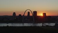 5.7K stock footage aerial video of the sun setting behind Downtown St. Louis, Missouri and the Gateway Arch Aerial Stock Footage | DX0001_000734