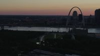 5.7K stock footage aerial video the Gateway Geyser and Gateway Arch at sunset, Downtown St. Louis, Missouri, twilight Aerial Stock Footage | DX0001_000742