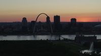 5.7K stock footage aerial video of the Gateway Arch in Downtown St. Louis, Missouri at twilight, and the Gateway Geyser fountain Aerial Stock Footage | DX0001_000744