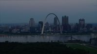 5.7K stock footage aerial video of the Gateway Arch and the skyline of Downtown St. Louis, Missouri, at twilight Aerial Stock Footage | DX0001_000912