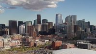 5.7K stock footage aerial video of passing towering skyscrapers of the city skyline in Downtown Denver, Colorado Aerial Stock Footage | DX0001_001526
