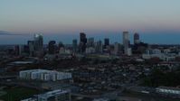 5.7K stock footage aerial video descend with view of the city's downtown skyline at sunset, Downtown Denver, Colorado Aerial Stock Footage | DX0001_001584