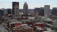 5.7K stock footage aerial video ascend and approach the city skyline from freeway offramp in Downtown Louisville, Kentucky Aerial Stock Footage | DX0001_003022