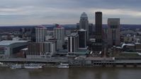 5.7K stock footage aerial video slowly fly away from riverfront buildings and skyline in Downtown Louisville, Kentucky Aerial Stock Footage | DX0001_003053