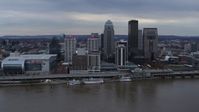 5.7K stock footage aerial video slowly flyby riverfront buildings and skyline, seen from Ohio River in Downtown Louisville, Kentucky Aerial Stock Footage | DX0001_003054