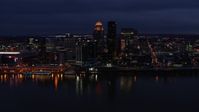 5.7K stock footage aerial video of the city's skyline at twilight, seen from Ohio River, Downtown Louisville, Kentucky Aerial Stock Footage | DX0001_003112