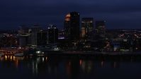 5.7K stock footage aerial video approach the city's skyline at twilight from the Ohio River, Downtown Louisville, Kentucky Aerial Stock Footage | DX0001_003113