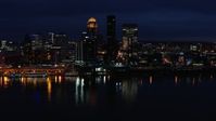 5.7K stock footage aerial video slowly flying past the city skyline at twilight, seen from the river, Downtown Louisville, Kentucky Aerial Stock Footage | DX0001_003120