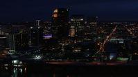 5.7K stock footage aerial video flying by the city's skyline at twilight, Downtown Louisville, Kentucky Aerial Stock Footage | DX0001_003122
