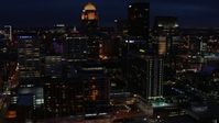 5.7K stock footage aerial video passing by the city's skyline at twilight, Downtown Louisville, Kentucky Aerial Stock Footage | DX0001_003123