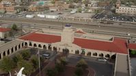 5.7K stock footage aerial video of the Albuquerque train station, Downtown Albuquerque, New Mexico Aerial Stock Footage | DX0002_127_016