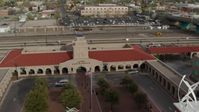 5.7K stock footage aerial video of orbiting the Albuquerque train station, Downtown Albuquerque, New Mexico Aerial Stock Footage | DX0002_127_017