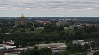 5.7K stock footage aerial video of descending past the Iowa State Capitol and grounds in Des Moines, Iowa Aerial Stock Footage | DX0002_165_038