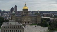5.7K stock footage aerial video orbiting the front of the Iowa State Capitol, skyline in the background, Des Moines, Iowa Aerial Stock Footage | DX0002_166_012