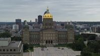 5.7K stock footage aerial video circling around the front of the Iowa State Capitol, skyline in the background, Des Moines, Iowa Aerial Stock Footage | DX0002_166_013
