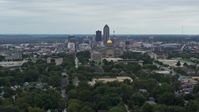 5.7K stock footage aerial video of ascending with a wide view of the city's skyline and state capitol, Downtown Des Moines, Iowa Aerial Stock Footage | DX0002_166_019