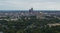 5.7K stock footage aerial video of the city's skyline behind the state capitol, Downtown Des Moines, Iowa Aerial Stock Footage | DX0002_166_020