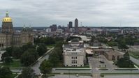 5.7K stock footage aerial video the distant skyline seen from the state library building and Iowa State Capitol, Downtown Des Moines, Iowa Aerial Stock Footage | DX0002_166_033