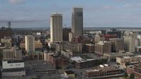 5.7K stock footage aerial video of a stationary view of skyscrapers towering over city buildings in Downtown Omaha, Nebraska Aerial Stock Footage | DX0002_170_025