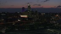 5.7K stock footage aerial video flyby the city's skyline at twilight, Downtown Omaha, Nebraska Aerial Stock Footage | DX0002_173_011