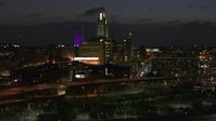 5.7K stock footage aerial video approach the city's skyline at twilight, Downtown Omaha, Nebraska Aerial Stock Footage | DX0002_173_018
