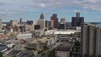 5.7K stock footage aerial video a view of the skyline during descent, Downtown Detroit, Michigan Aerial Stock Footage | DX0002_189_019
