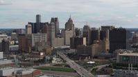5.7K stock footage aerial video passing by tall skyscrapers in the city's skyline, Downtown Detroit, Michigan Aerial Stock Footage | DX0002_190_030