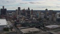 5.7K stock footage aerial video fly toward Comerica Park baseball stadium and skyline, Downtown Detroit, Michigan Aerial Stock Footage | DX0002_191_017