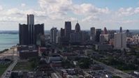 5.7K stock footage aerial video a view of GM Renaissance Center and the city's skyline, Downtown Detroit, Michigan Aerial Stock Footage | DX0002_194_001