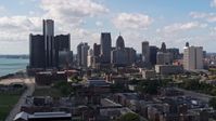 5.7K stock footage aerial video of passing GM Renaissance Center and the city's skyline, Downtown Detroit, Michigan Aerial Stock Footage | DX0002_194_008