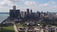 5.7K stock footage aerial video of passing GM Renaissance Center and the skyline in Downtown Detroit, Michigan Aerial Stock Footage | DX0002_194_011