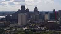 5.7K stock footage aerial video of passing skyscrapers in the city's skyline in Downtown Detroit, Michigan Aerial Stock Footage | DX0002_194_028
