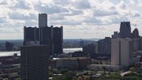 5.7K stock footage aerial video orbit GM Renaissance Center beside the river in Downtown Detroit, Michigan Aerial Stock Footage | DX0002_194_031