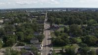 5.7K stock footage aerial video of a church on Mt Elliott Street in an urban neighborhood, Detroit, Michigan Aerial Stock Footage | DX0002_195_011