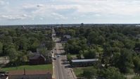 5.7K stock footage aerial video of circling urban homes and a church on Mt Elliott Street, Detroit, Michigan Aerial Stock Footage | DX0002_195_015