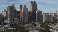 5.7K stock footage aerial video of orbiting towering skyscrapers across from Hart Plaza, Downtown Detroit, Michigan Aerial Stock Footage | DX0002_196_001