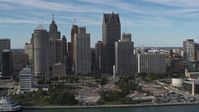 5.7K stock footage aerial video orbit of tall city skyscrapers behind Hart Plaza, Downtown Detroit, Michigan Aerial Stock Footage | DX0002_196_015