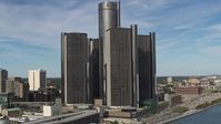 5.7K stock footage aerial video approach and orbit GM Renaissance Center in Downtown Detroit, Michigan Aerial Stock Footage | DX0002_196_021