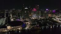5.7K stock footage aerial video static view of towering skyscrapers and Hart Plaza at night, Downtown Detroit, Michigan Aerial Stock Footage | DX0002_199_006